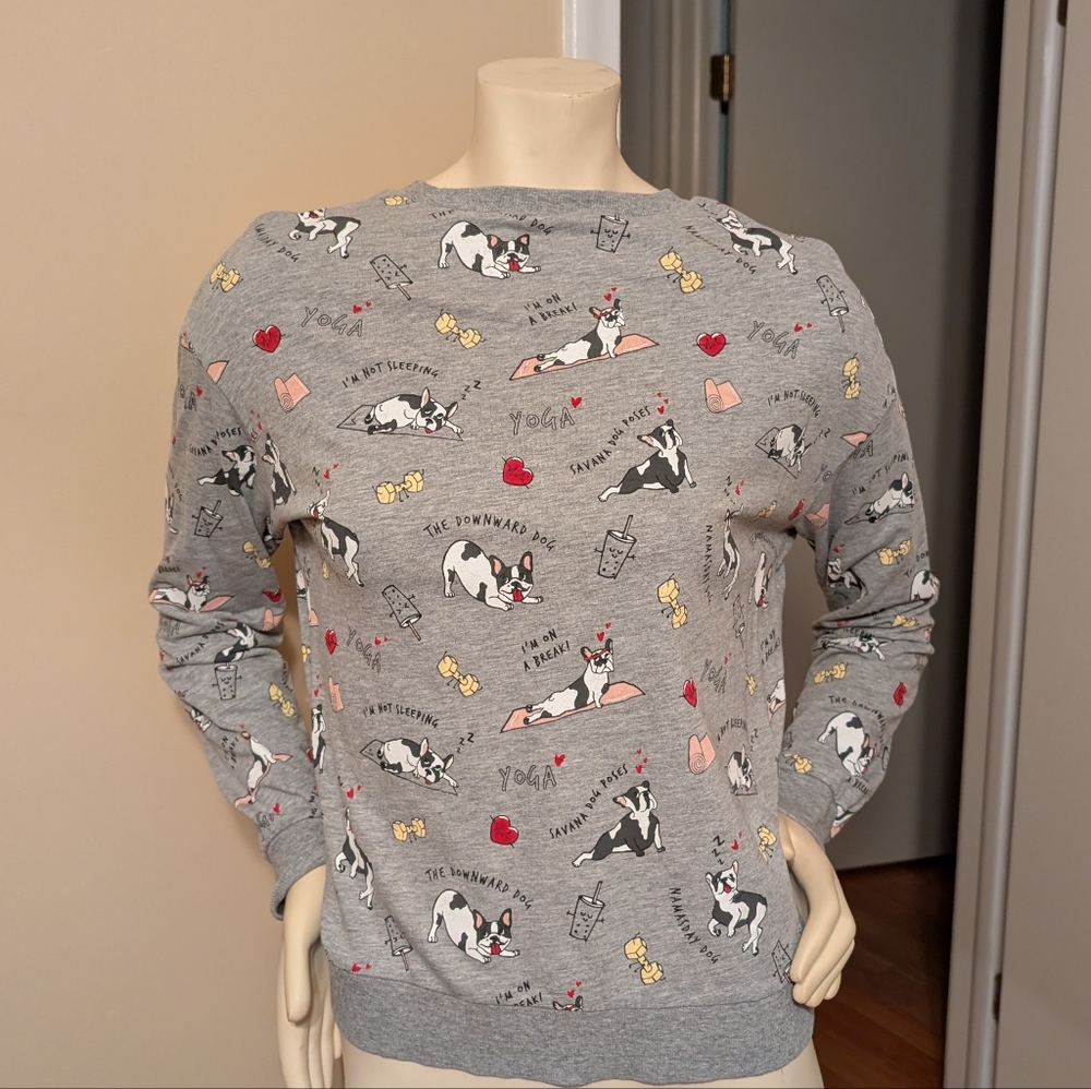 Divided Gray Crew Neck Sweater with French Bulldogs Doing Yoga Poses